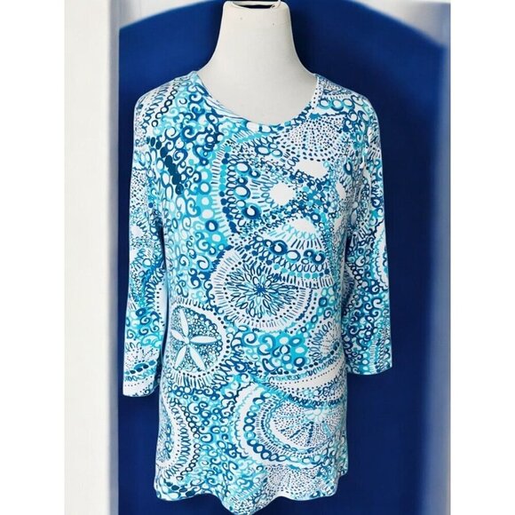 Cape Madras Womens Quarter Sleeve Stretch Blue White Patterned Tunic Top Small - Picture 8 of 8